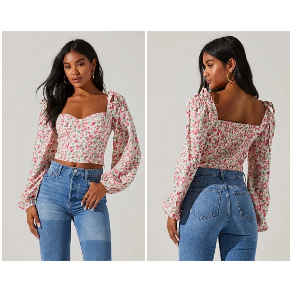 💕ASTR THE LABEL💕 Floral Tie Shoulder Long Sleeve Top ~ Pink Floral Print M NWT